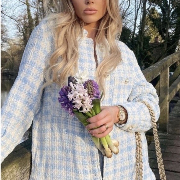 Zara Blue White Houndstooth Tweed Pearl Jewel Button Overshirt Shacket Jacket M - Picture 5 of 11